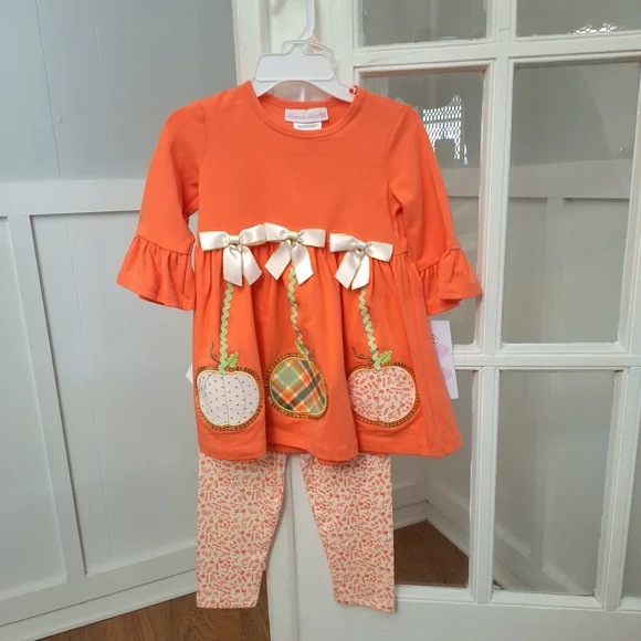 Bonnie Jean Orange Pumpkin Tunic with Cream Bows & Printed Leggings - Picture 9 of 9